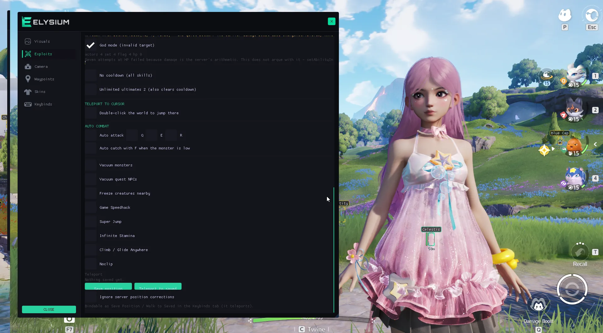 Aniimo cheat menu second exploits page with autofarm filters, cooldowns and freeze options