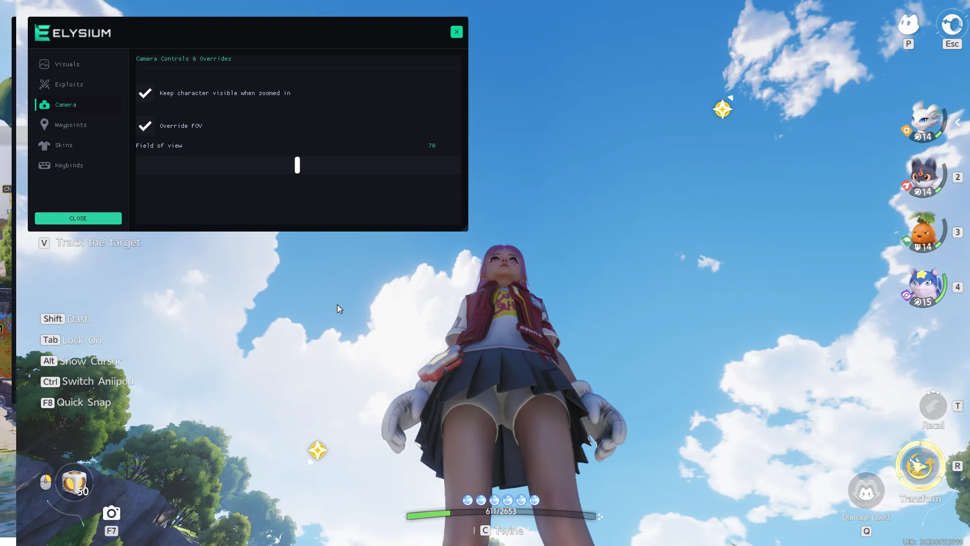 Aniimo cheat menu camera tab with peek mode, FOV changer, free camera and hide game UI