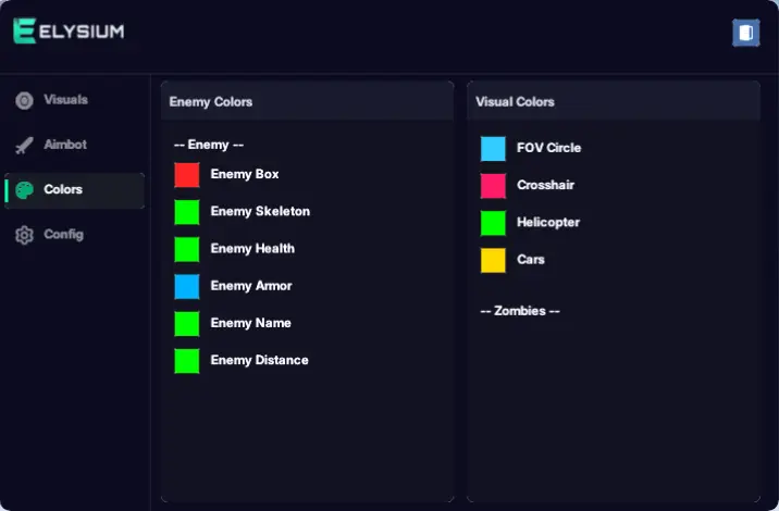 Wardogs hack colors menu with custom ESP and radar color configuration