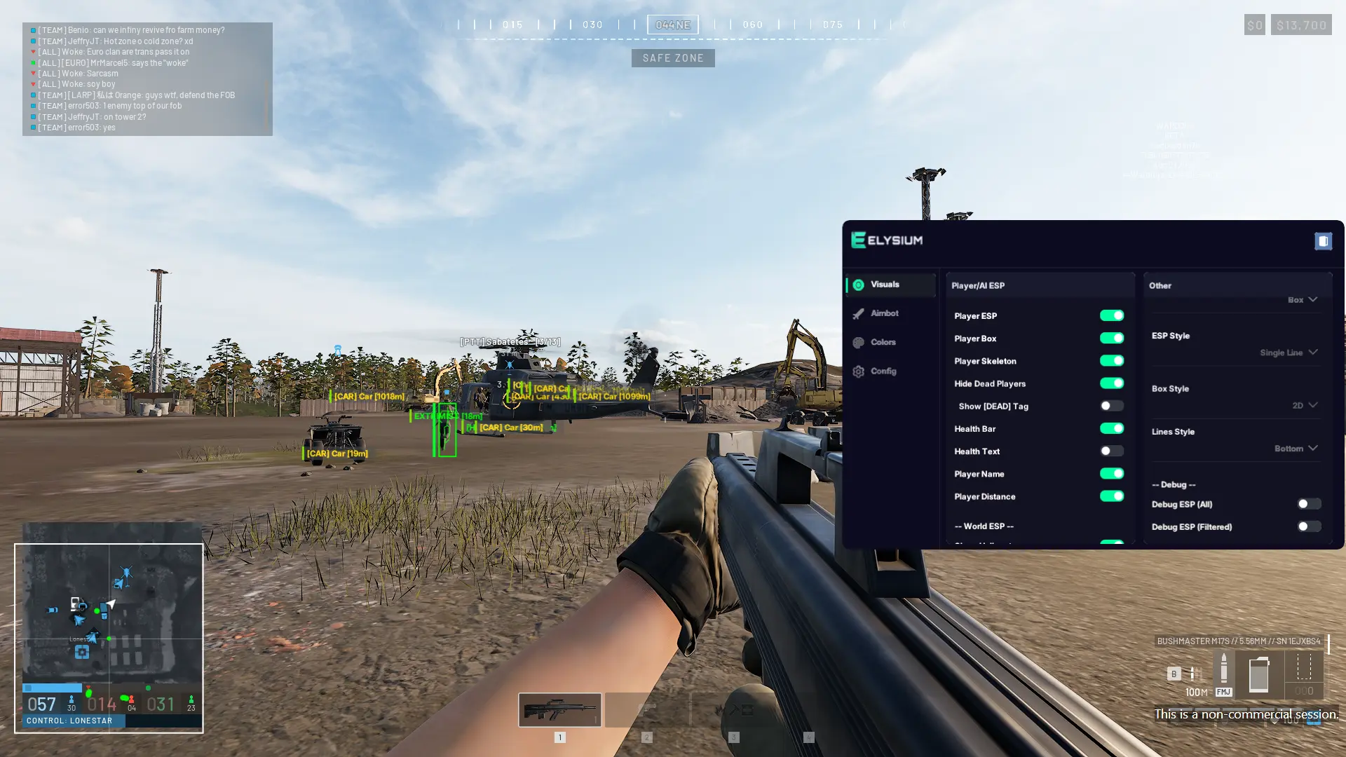 Wardogs ESP cheat menu showing 2D boxes, bone skeleton, health bars and vehicle ESP