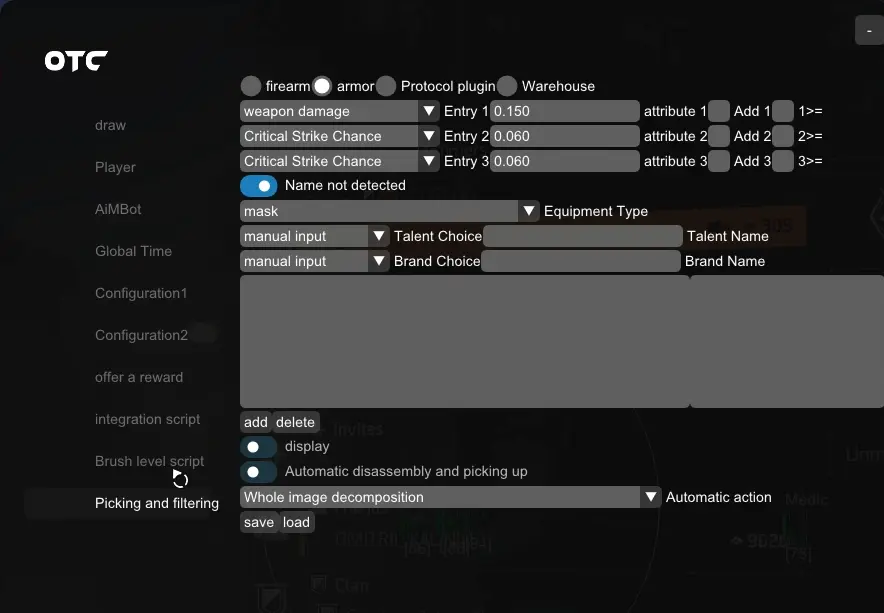 OTC TD2 picking and filtering menu