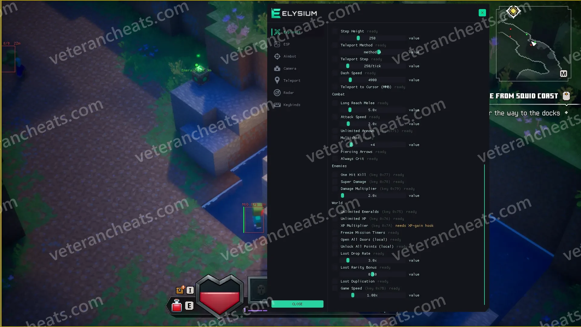 Elysium MD2 menu exploits tab world section with emeralds, XP and loot options