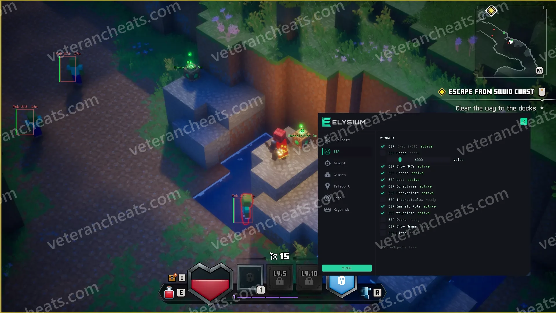 Elysium MD2 ESP tab with chests, loot, objectives and checkpoint markers