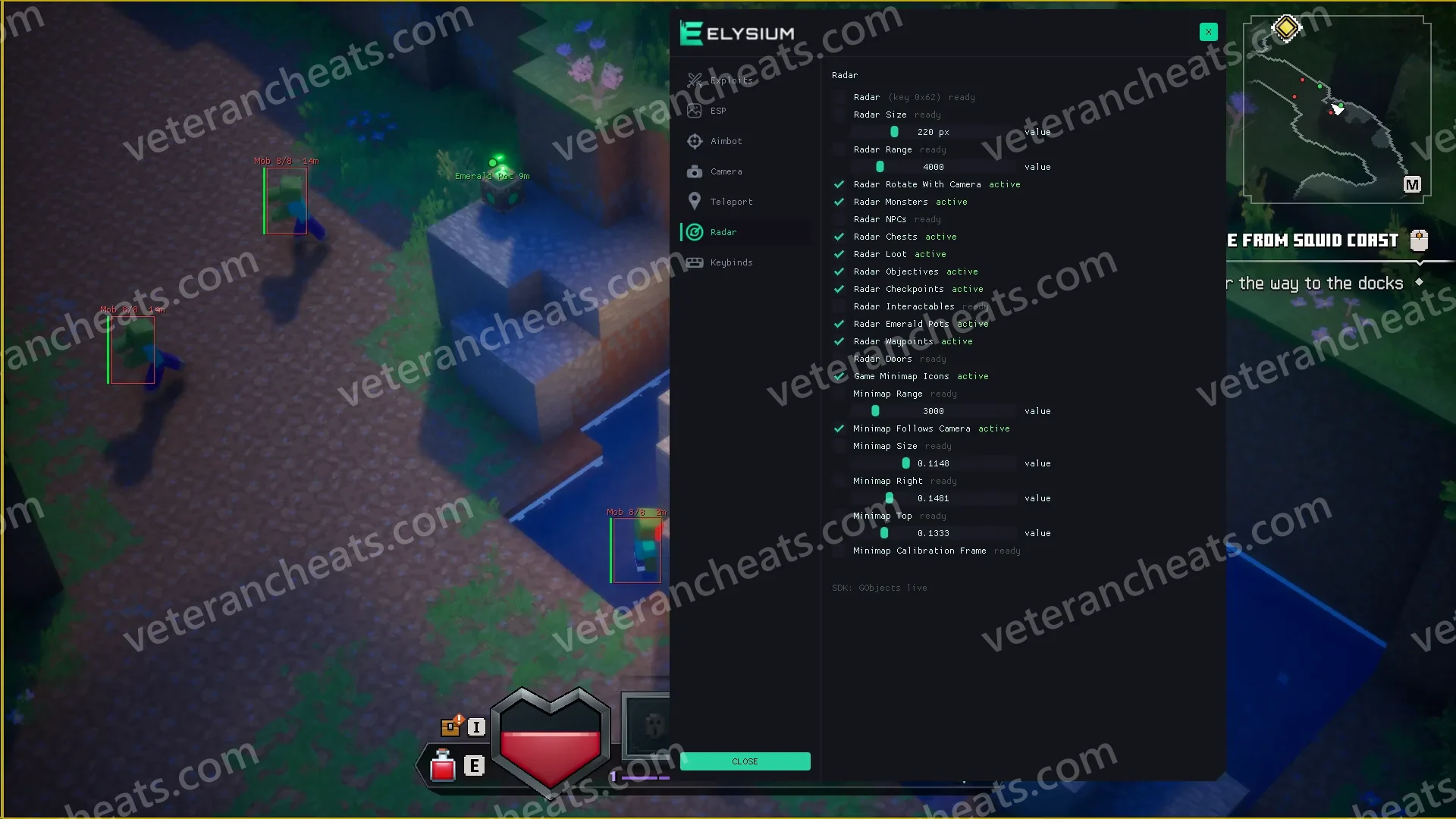 Elysium MD2 radar overlay with monsters, chests and loot icons